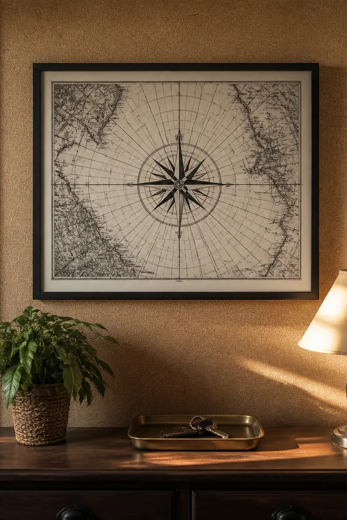 Black-and-white compass rose over faint map grid lines
