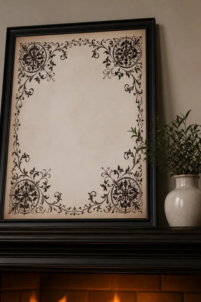 Black-and-white page with ornate corner flourishes and a center blank space