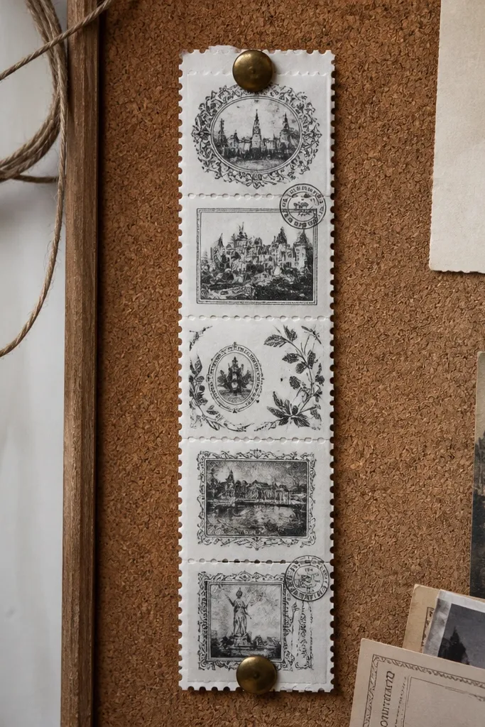 Black-and-white ticket strip layout with perforation edges and archive stamps