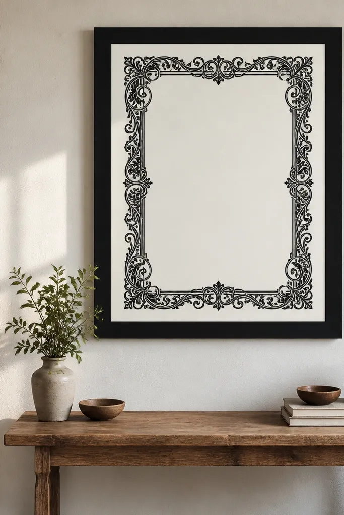 Black-and-white printable with a thick black border and small corner scrollwork
