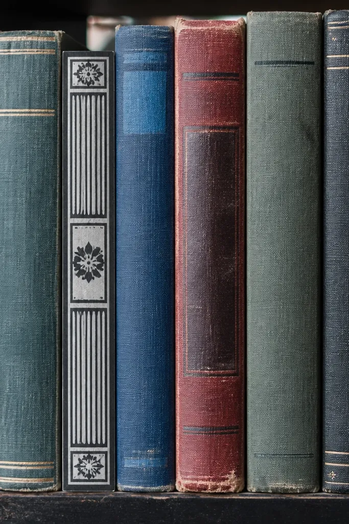 Black-and-white vertical book spine with title blocks and spine line marks