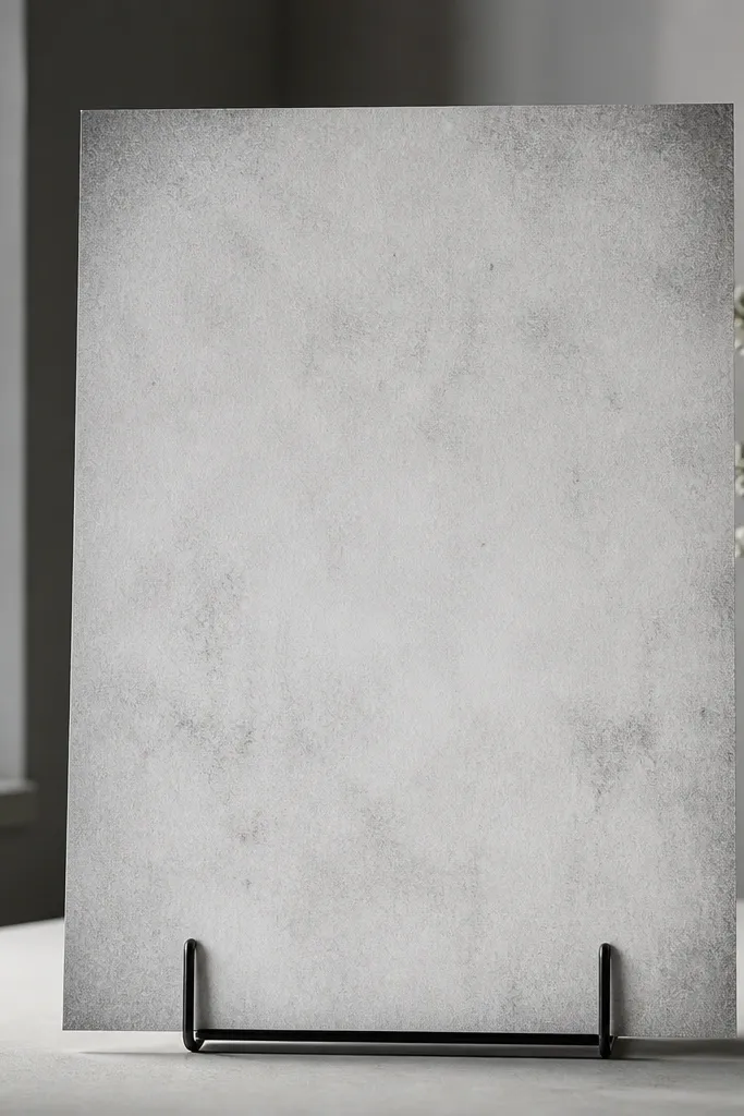 Black-and-white aged paper grain panel with faint stains and light vignette
