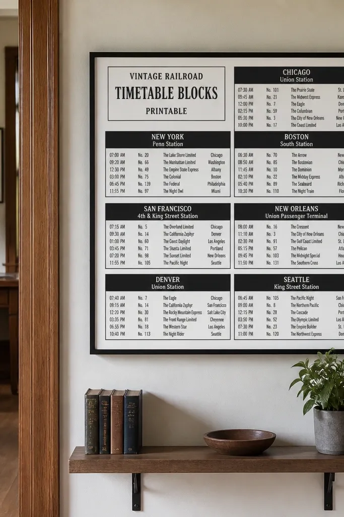 Black-and-white timetable grid with rows, columns, and bold route headers