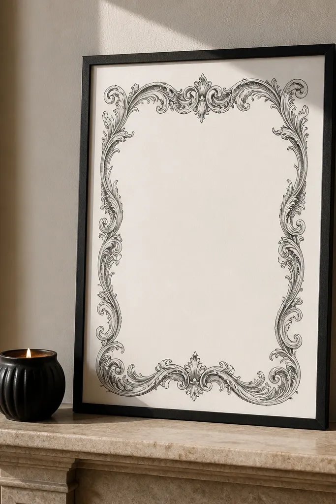 Black-and-white engraved scroll border with empty center space for text