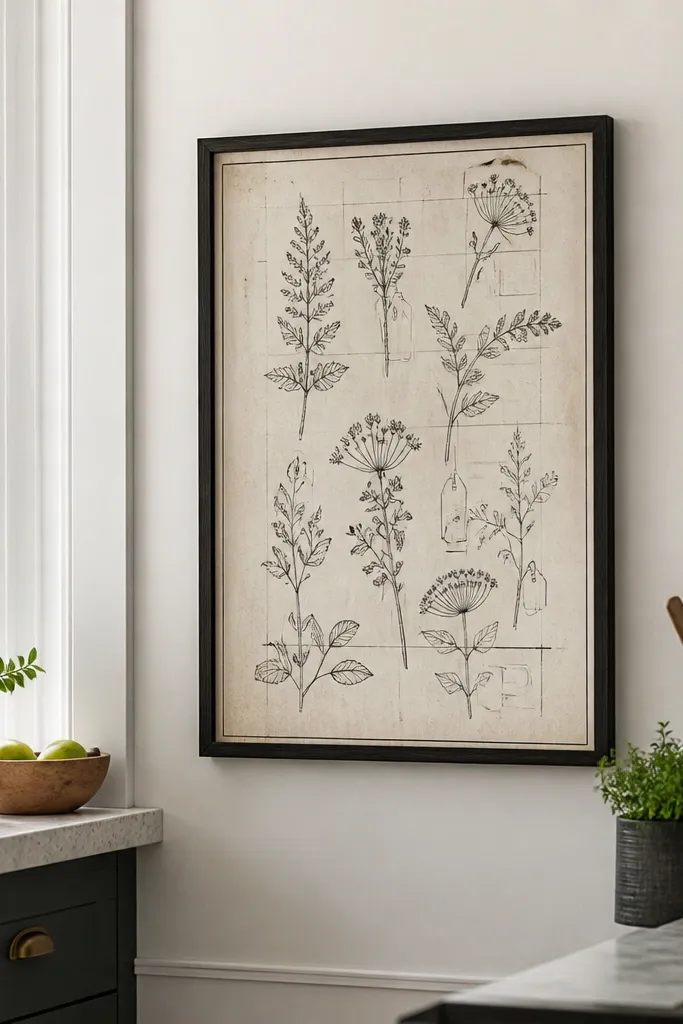 Black-and-white pressed plant illustrations with label tags and faint grid