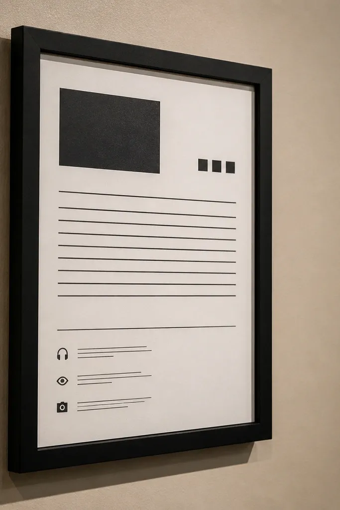 Black-and-white museum placard layout with title, lines, and small icons
