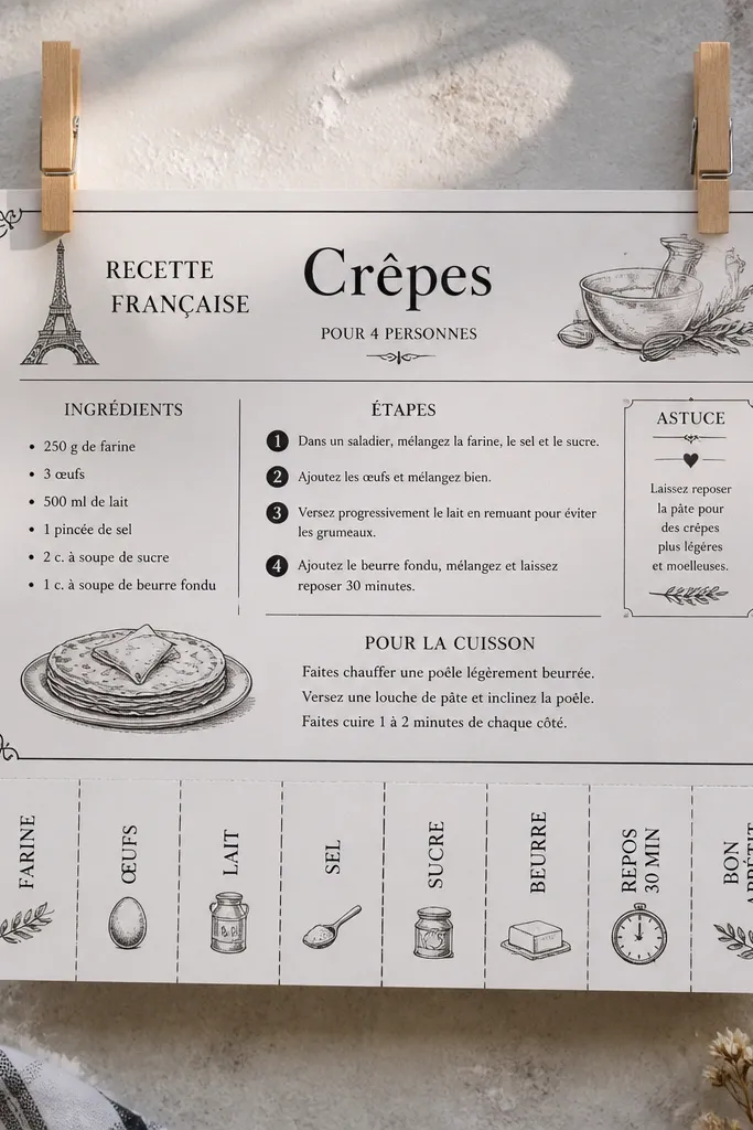 Black and white recipe cards with tabbed tear-off edges and grid lines