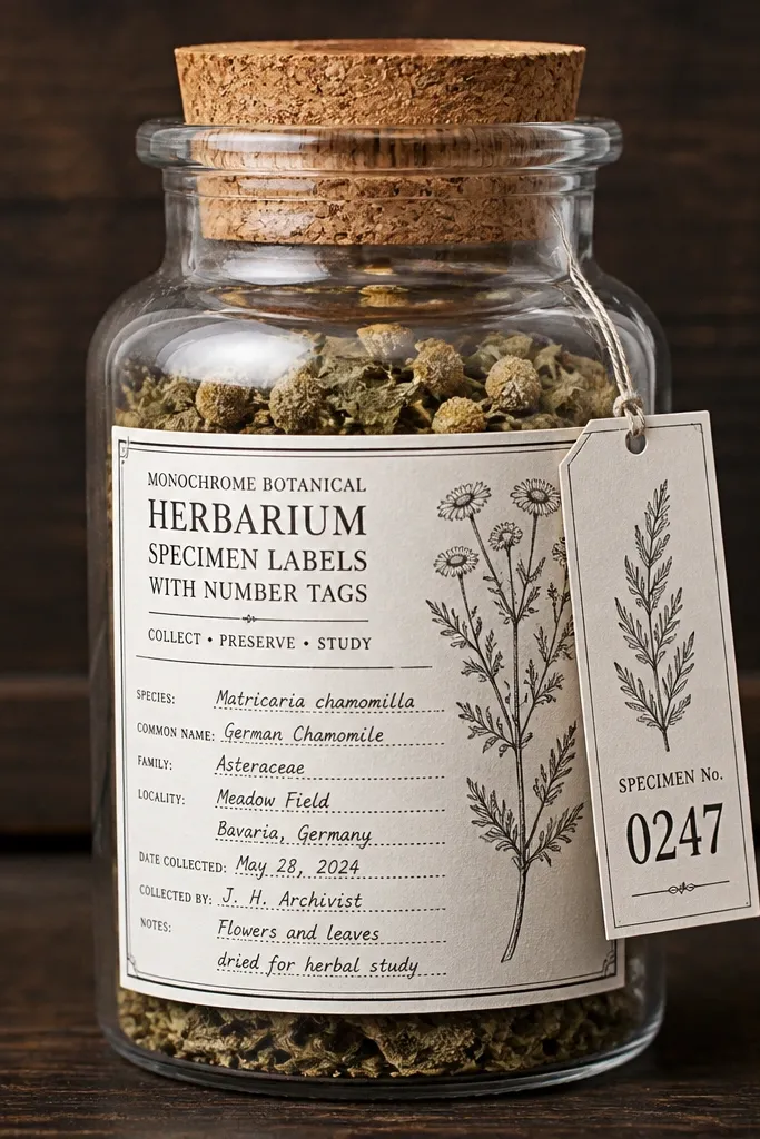 Black and white specimen labels with number tags and handwriting-style text blocks