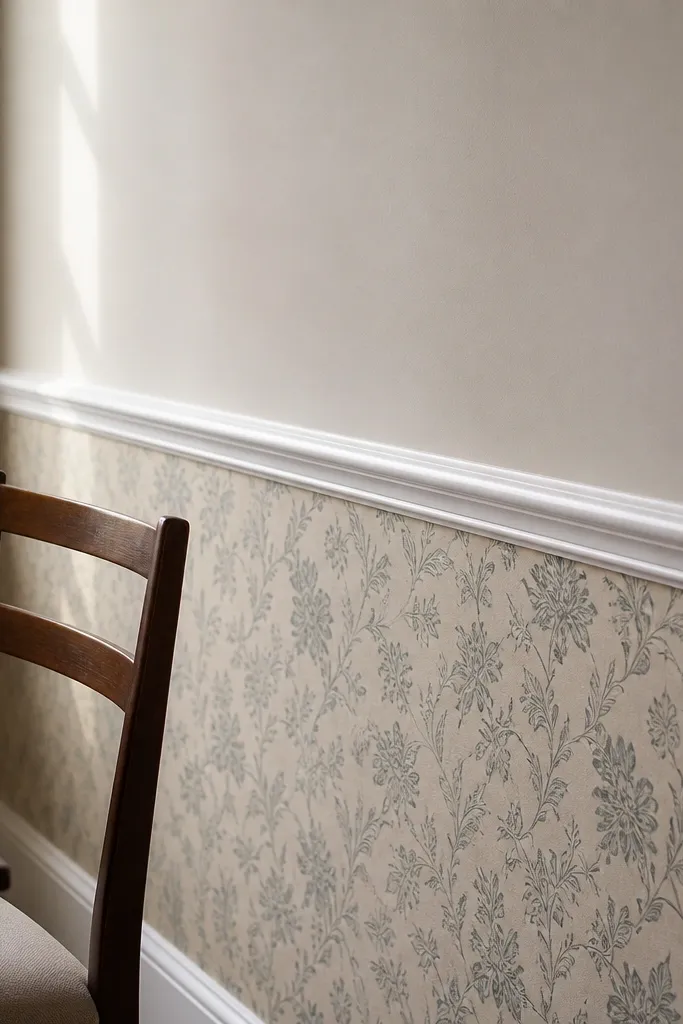 Chair rail moulding line with wallpaper panel below and plain wall above