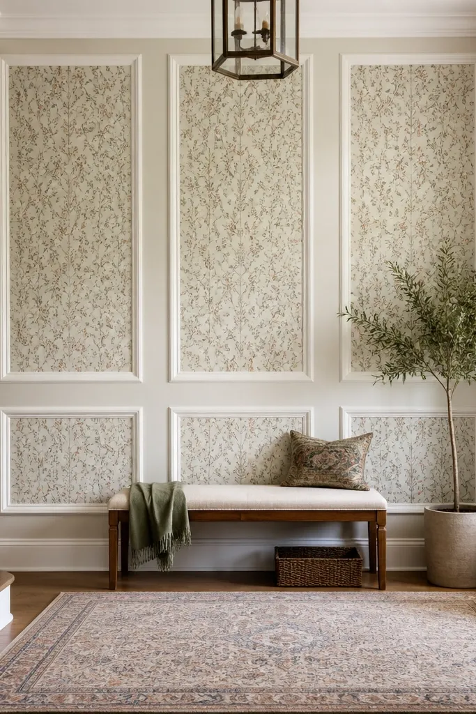 Wall with square panel moulding grid filled with wallpaper
