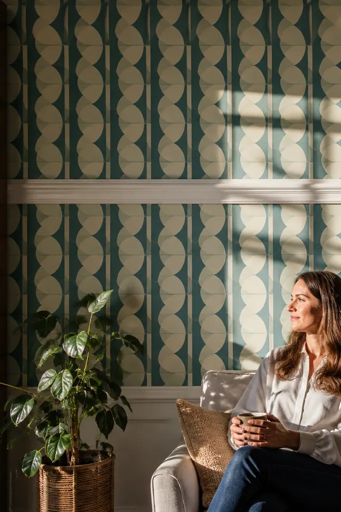 Wallpaper with horizontal moulding bands dividing it into stacked sections