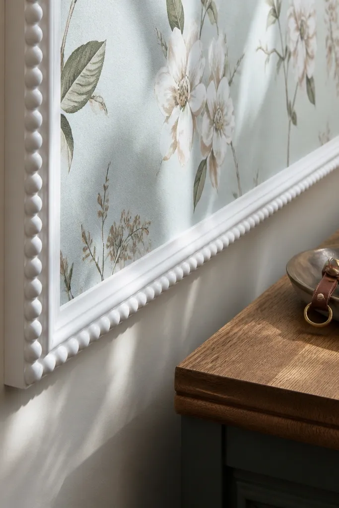 Wallpaper corner framed with small beaded decorative trim