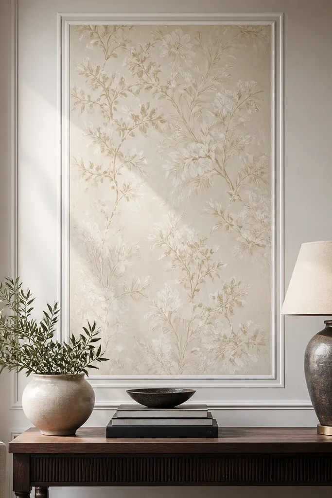 Wallpaper with two thin moulding lines creating a gallery-style frame
