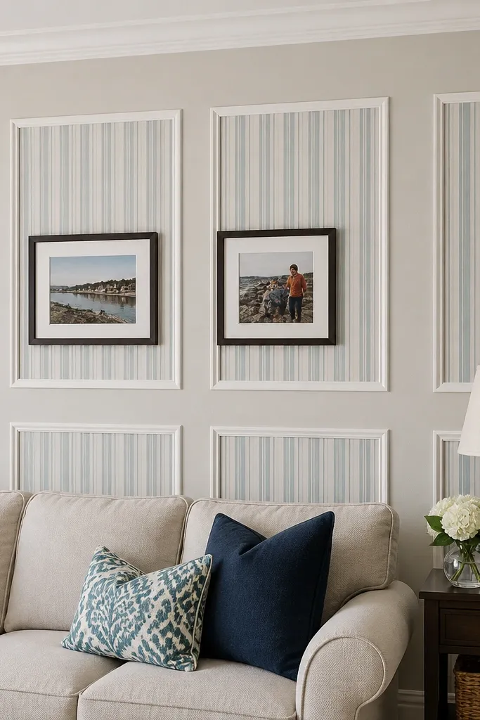 Square moulding grid with narrow wallpaper strips inside panels