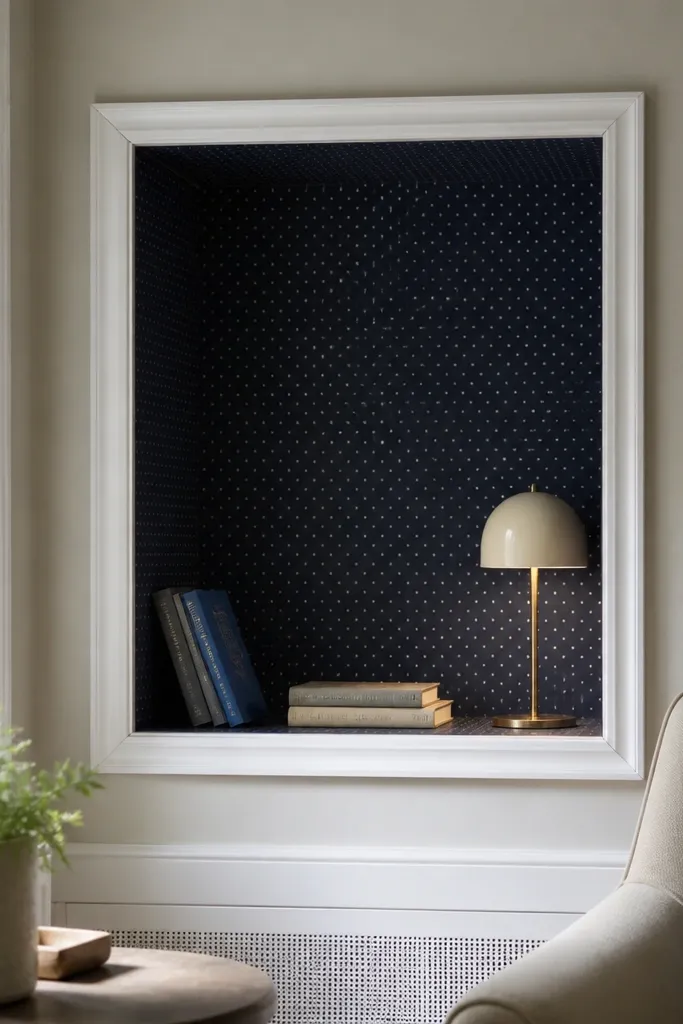 Wallpapered alcove framed with simple moulding trim