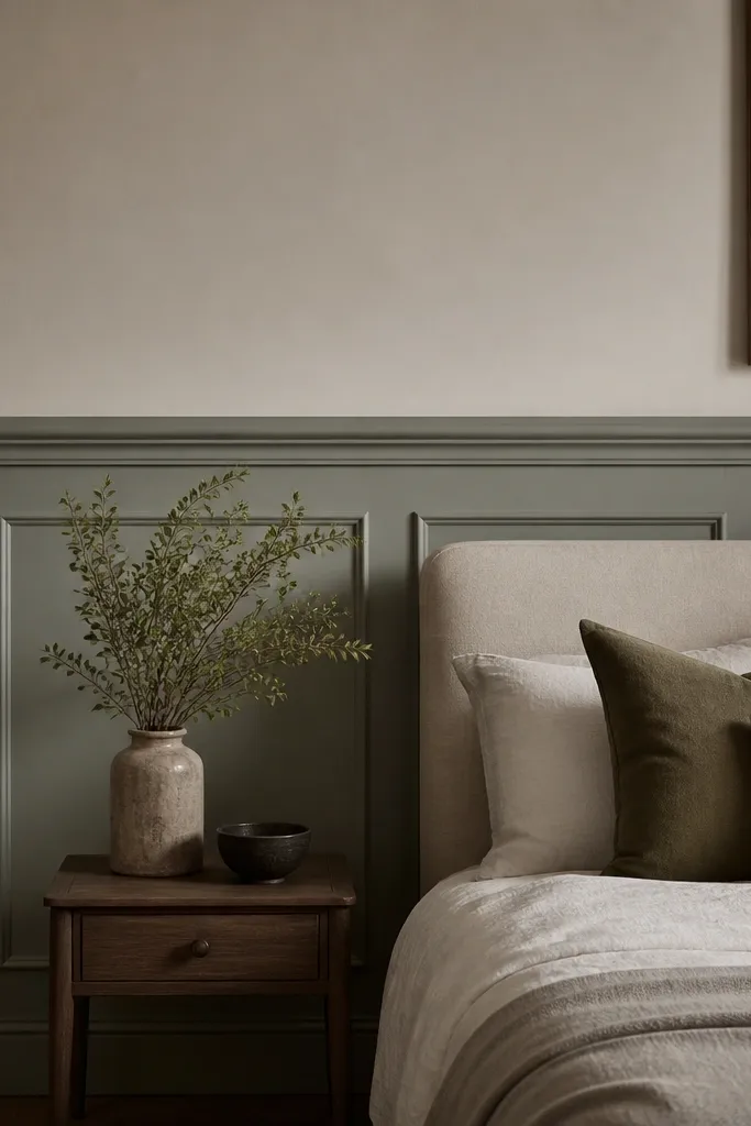 Half wallpaper wall with moulding lines wrapping cleanly at the top edge