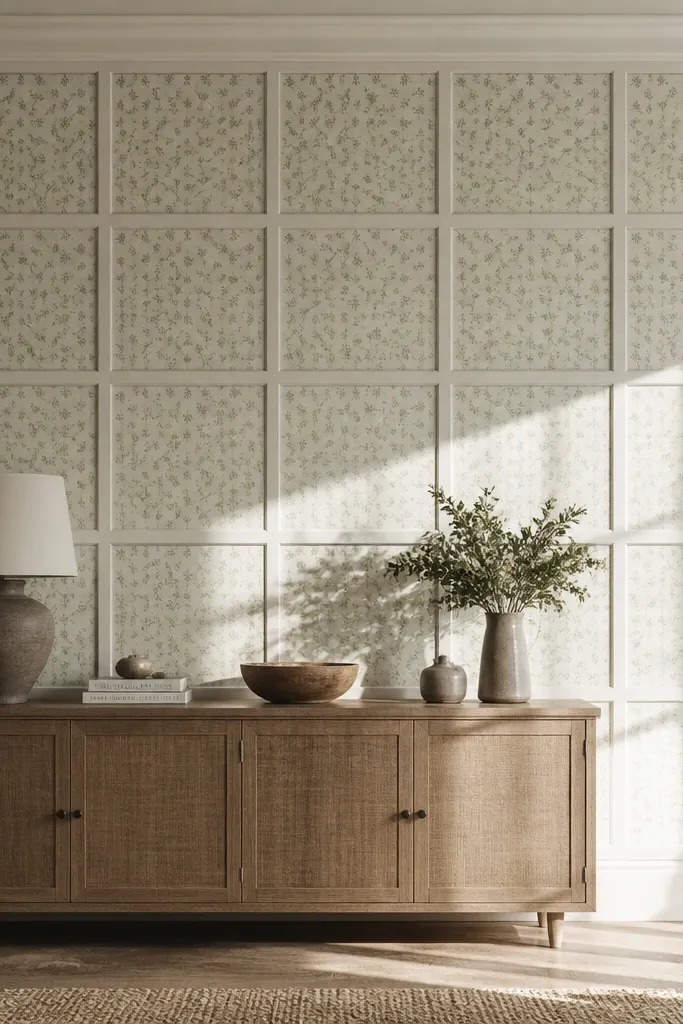 Single wall with small moulding squares filled with wallpaper