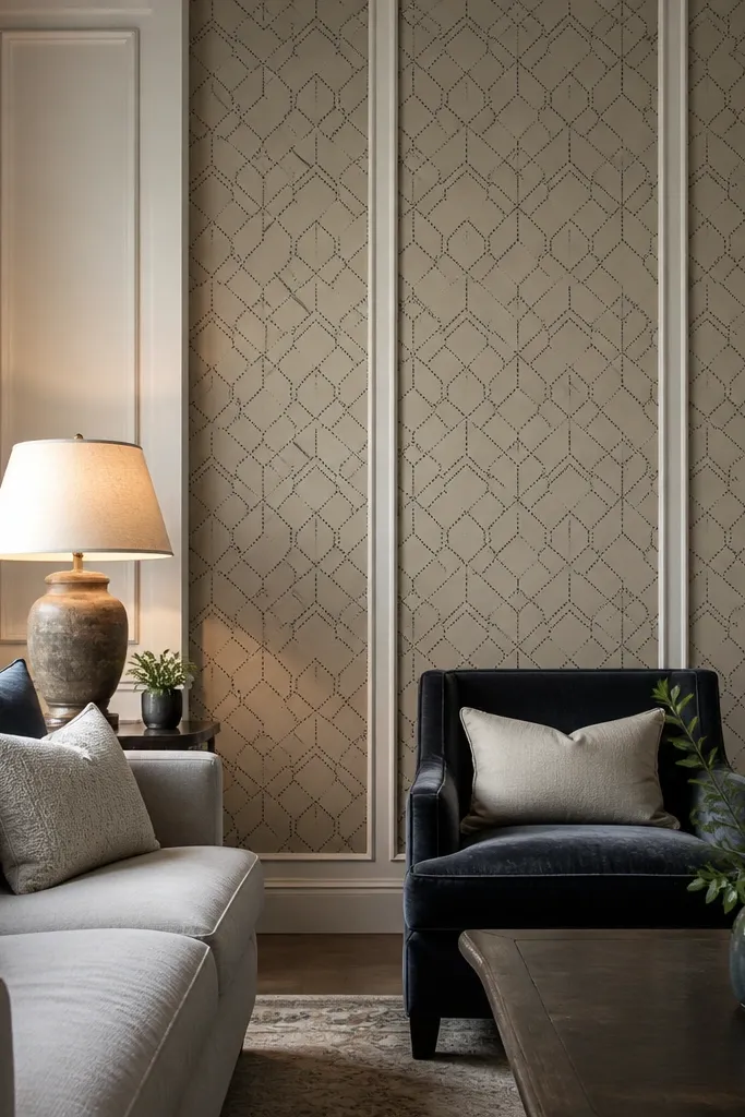 Wallpaper column framed by two vertical moulding rails