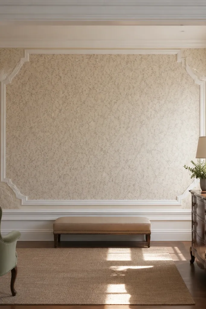 Symmetrical border moulding lines over wallpaper with mirrored layout