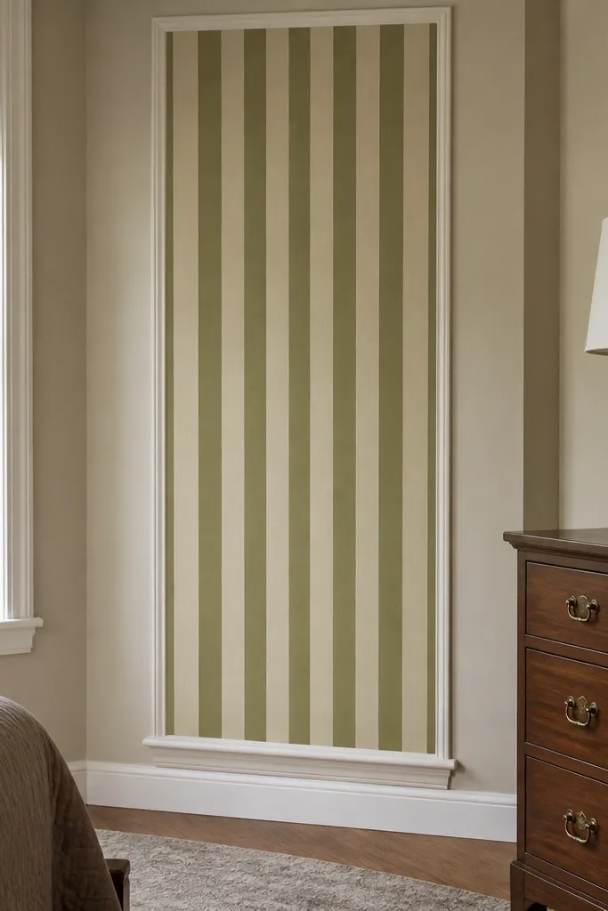 Tall framed wallpaper stripe panel with a bottom base trim