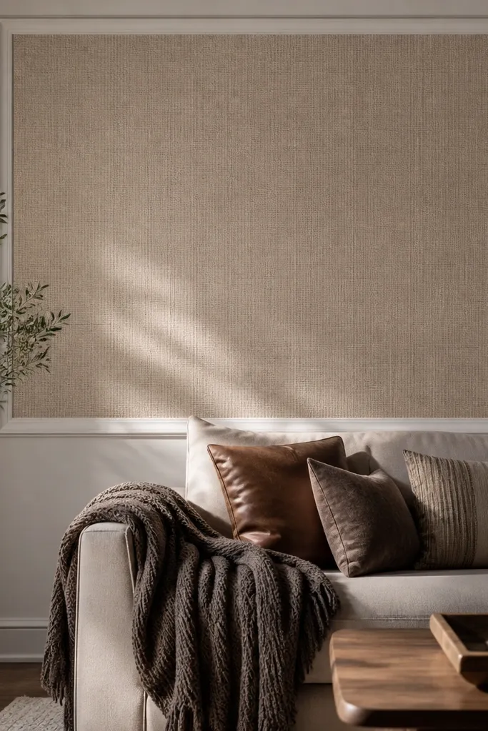 Textured wallpaper inset framed by smooth white moulding