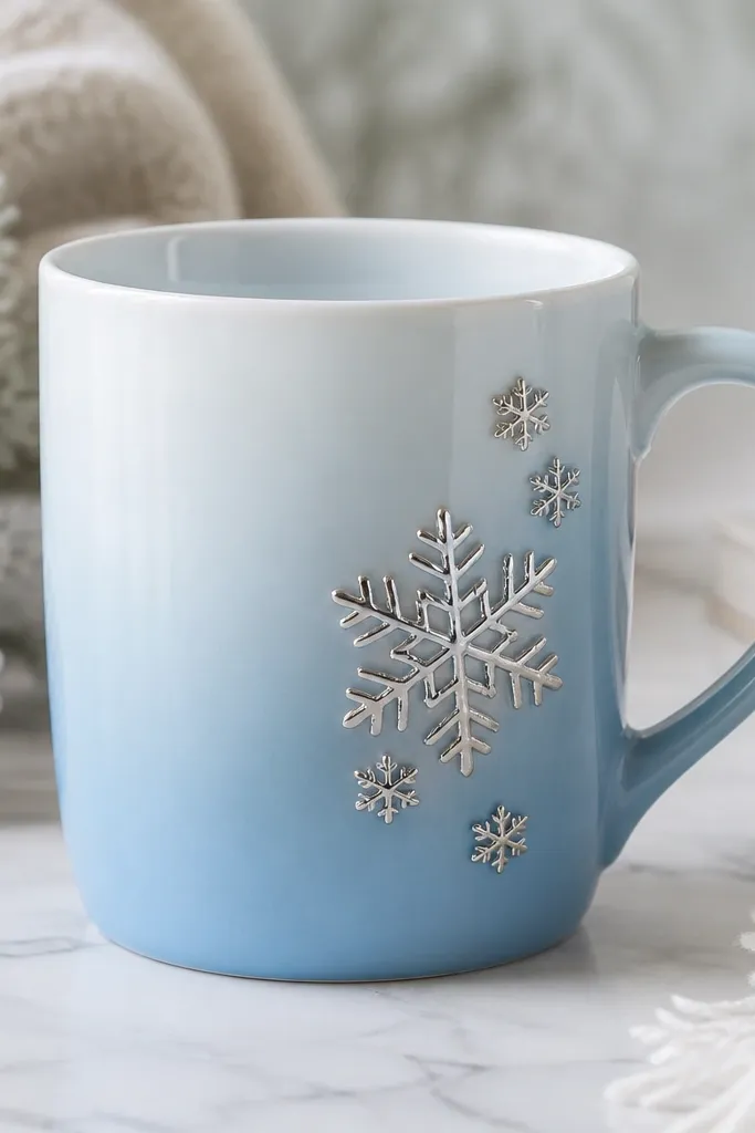 A light blue mug with a soft gradient from pale at the top to slightly deeper blue at the bottom. Several silver snowflakes sit near the handle, with one larger snowflake centered.