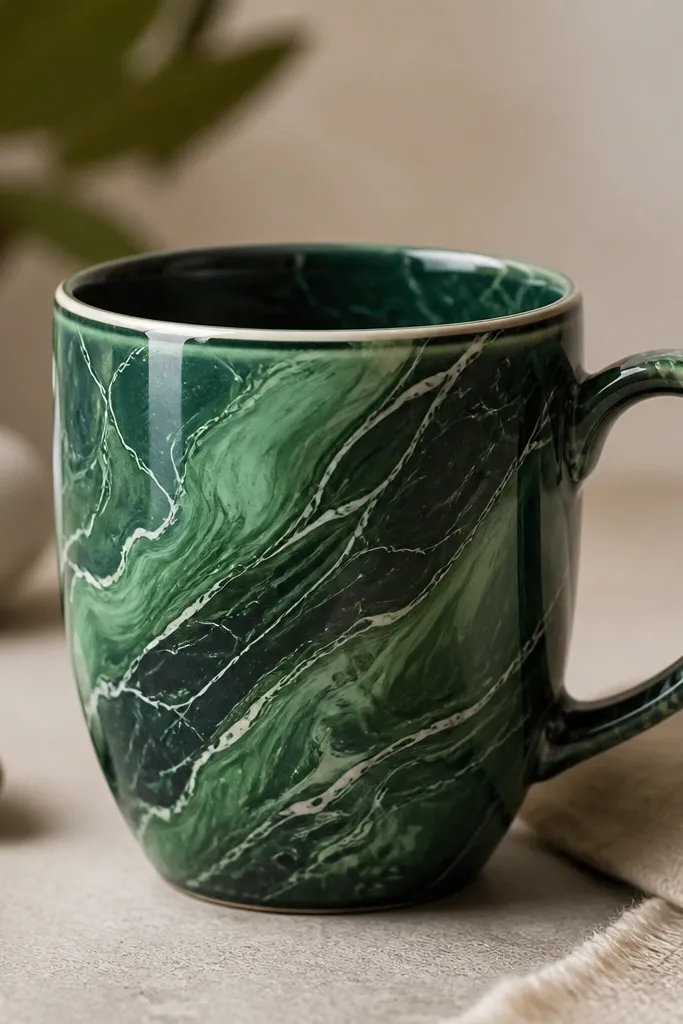 A mug covered in swirling emerald green and deep forest green marbling. Thin white lines weave through the swirls like marble veins, with a small clean border near the rim.