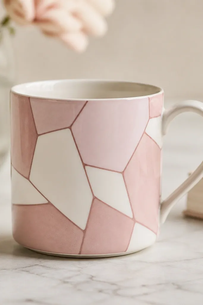 A white mug with blush pink and pale rose blocks arranged like broken glass. The blocks have soft edges and thin darker rose outlines between them.
