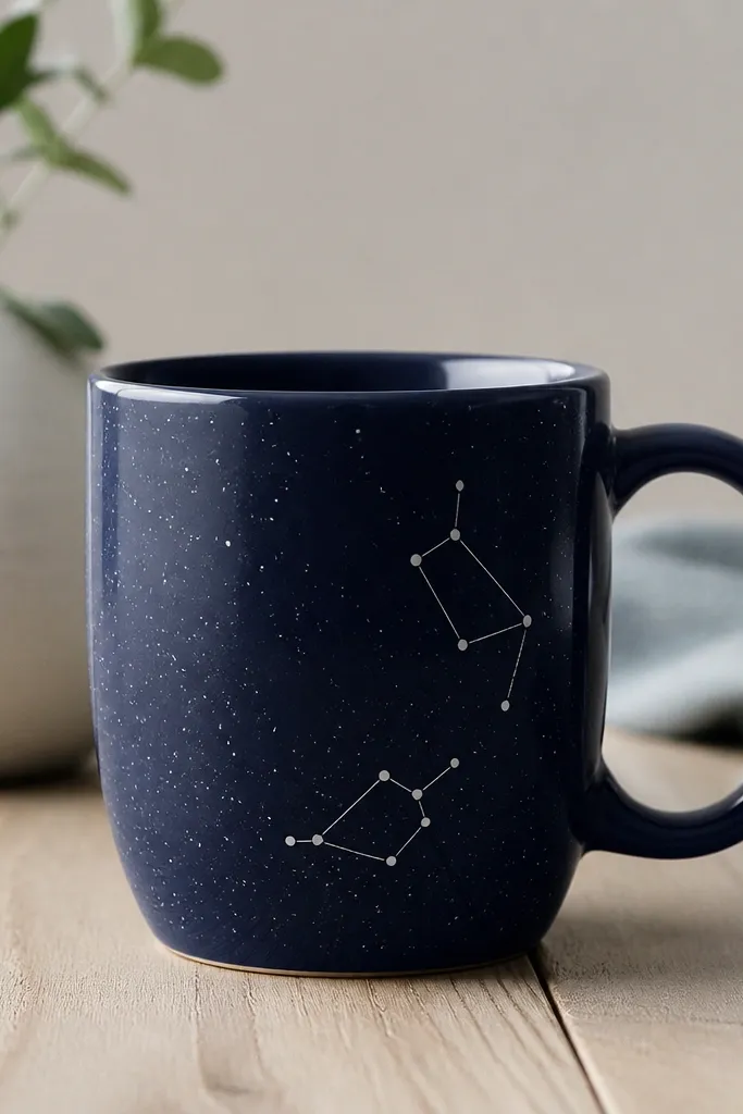 A dark navy mug with scattered tiny white dots like stars. Two simple constellations connect a few dots with thin white lines near the handle.