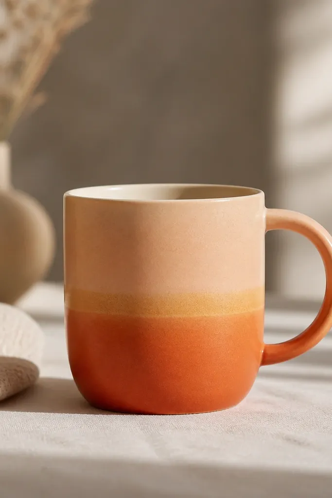 A warm terracotta mug with a horizontal sunset gradient: orange near the bottom fading into peach and cream near the top. A thin sunrise band in gold runs across the middle.