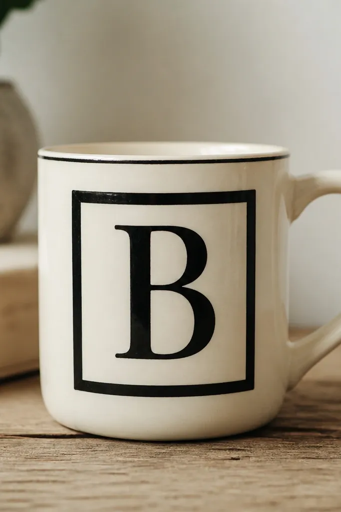 A cream mug with a thick black rectangular frame around the front. Inside the frame is a single large letter painted in black, with a thin black line border near the rim.