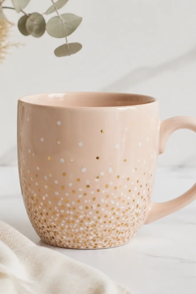 A pale peach mug covered in scattered small confetti dots in gold and white. The dots are denser near the bottom and lighter toward the top.