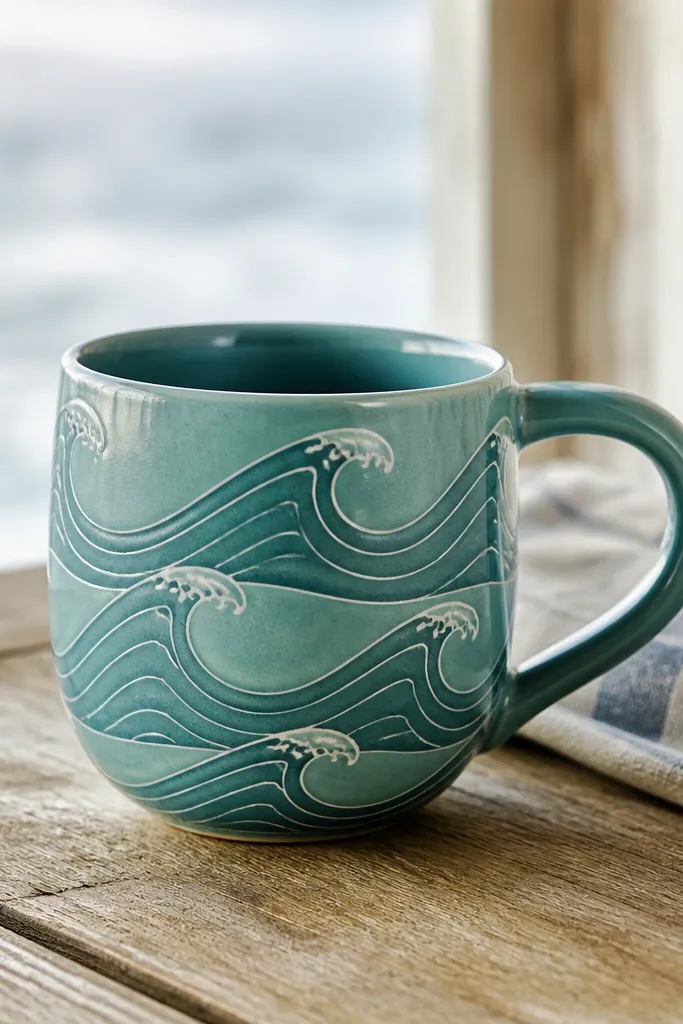 A teal mug with repeating wave shapes painted in darker teal. Thin white pinstripe lines run through the waves like surf foam.
