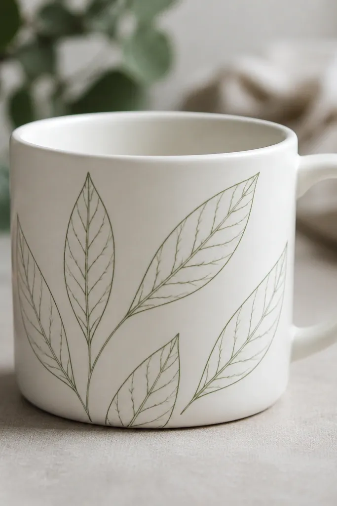 A white mug with several thin sage green leaves drawn as line art. Each leaf has a central vein and a few small veins branching out.