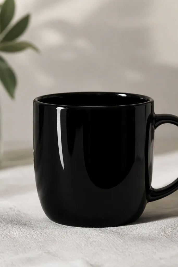 A glossy-looking black mug painted in solid black. Small pearl white highlight strokes sit on the front like curved reflections.