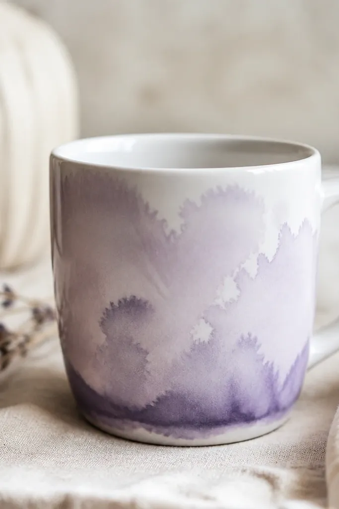 A white mug with a lavender watercolor wash across the front. The bottom edge has a slightly darker dipped band, and a few lighter blooms spread outward.