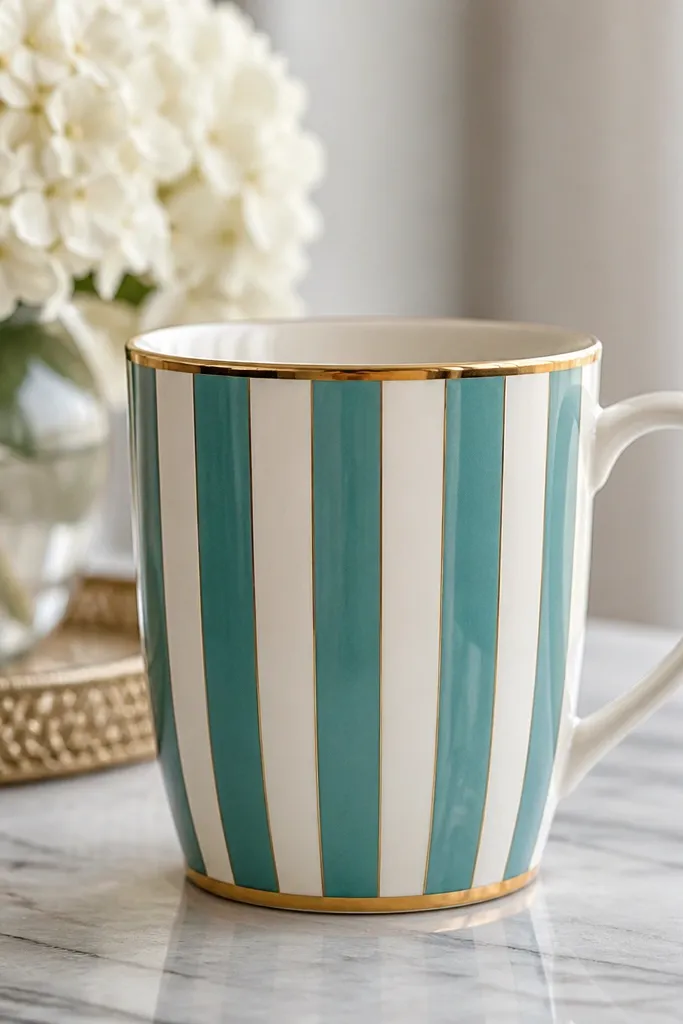 A mug with vertical teal and cream candy stripes. At the top and bottom near the rim are small gold lines like end caps.