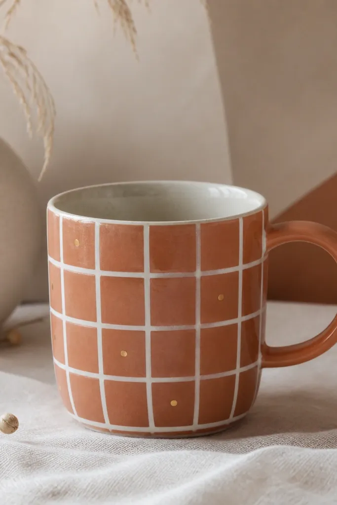 A mug painted terracotta with a repeating tile grid. White grout lines create a checkered pattern, and tiny gold dots sit in the center of a few tiles.