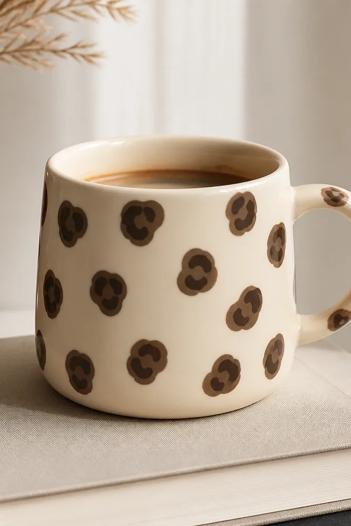 A cream mug with scattered leopard spots painted in espresso brown. Each spot has a darker center dot and a lighter outline, creating a layered look.