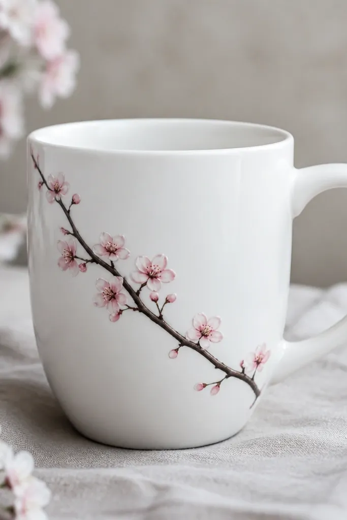 A white mug with a single dark branch painted diagonally. Small blush pink petals cluster along the branch, with a few tiny white highlights on petals.