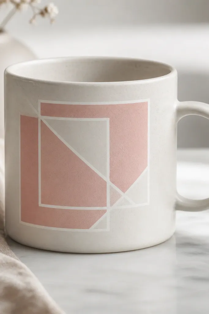 A mug with two overlapping geometric frames drawn in pearl white. Inside the frames are blush pink triangles and small empty white spaces.