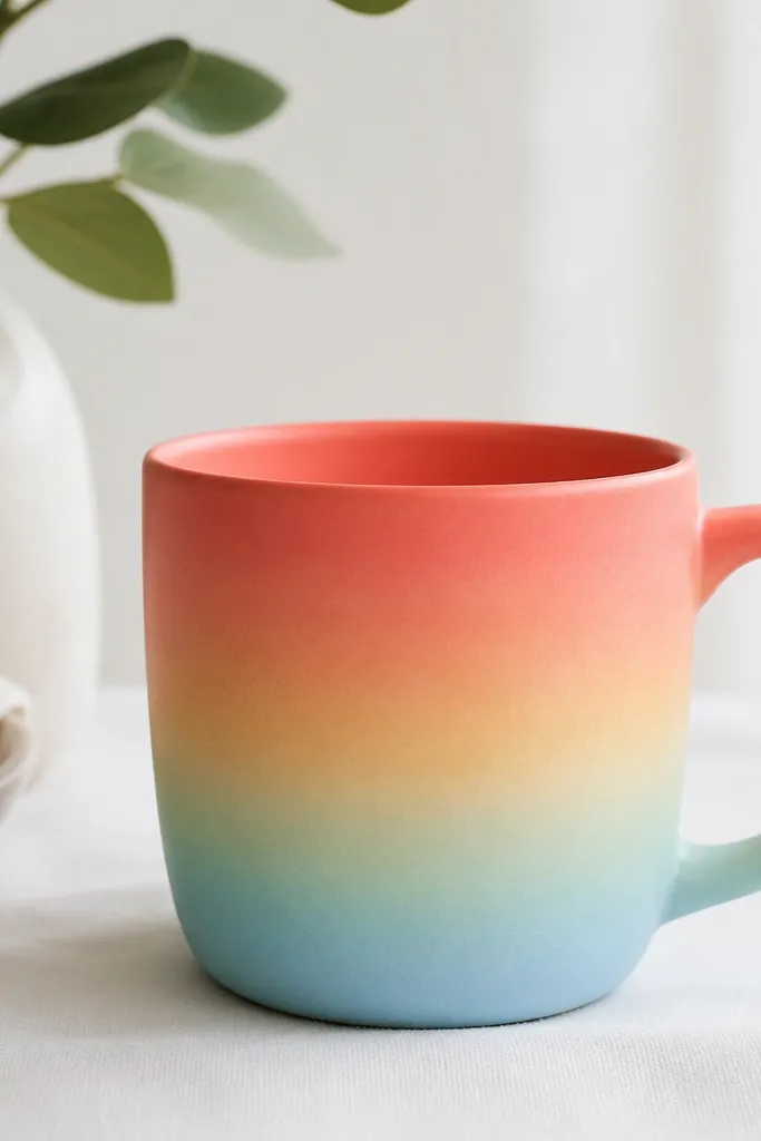 A mug with smooth horizontal ombre bands: coral to peach to pale yellow to mint to sky blue. The colors are blended softly and look matte rather than glossy.