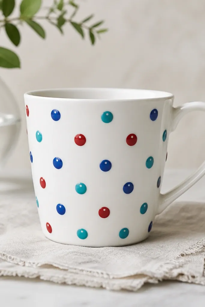 A white mug with raised-looking enamel-style dots painted in red, royal blue, and teal. Each dot has a tiny white shine dot near the top-left.