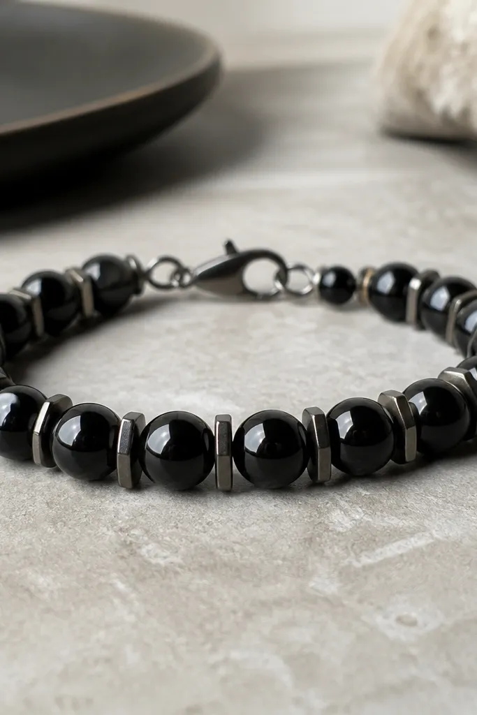 A bracelet with dark black clay beads that look glossy like faux onyx, separated by flat gunmetal bar spacers. A small black bead sits near the clasp, and the clasp is a slim gunmetal magnetic or lobster style.