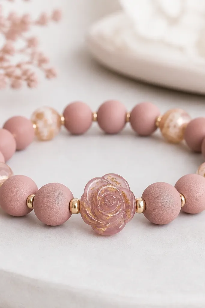 A soft pink bracelet featuring dusty rose clay beads, a few champagne-gold leaf speckled beads, and small champagne gold spacer beads. The focal bead is a rose bead with gold leaf trapped inside.