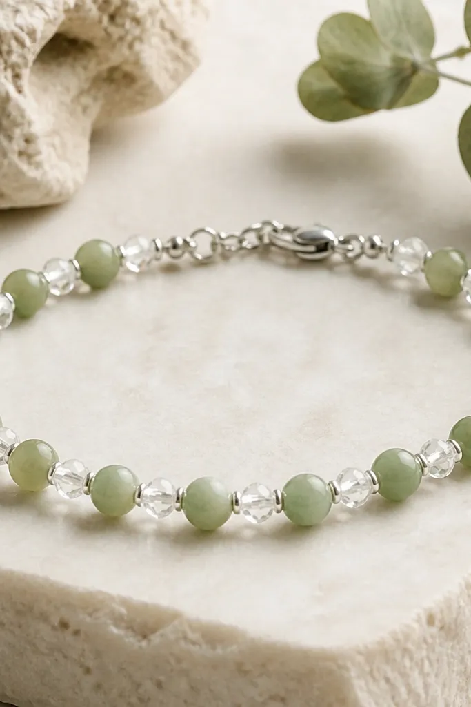 A bracelet with sage green beads mixed with clear, faceted clay beads that look like tiny crystals. The metal is silver, and there are tiny silver seed beads between the crystal-style beads.