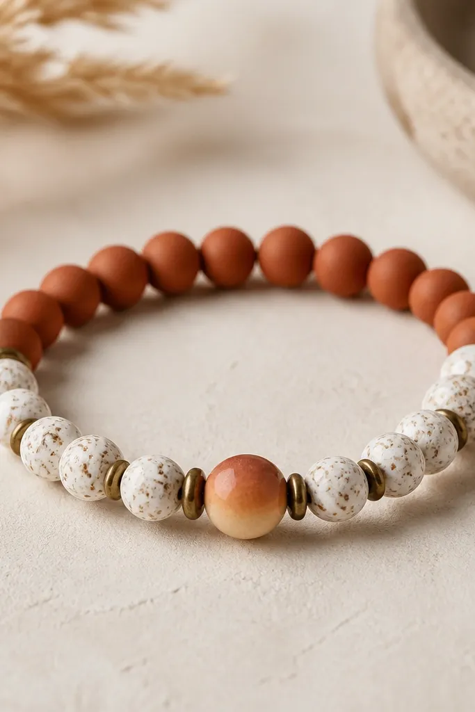 A warm terracotta bracelet with white speckled clay beads, antique brass round spacers, and a small round focal bead that has a sunset ombre effect from deep orange to pale cream.