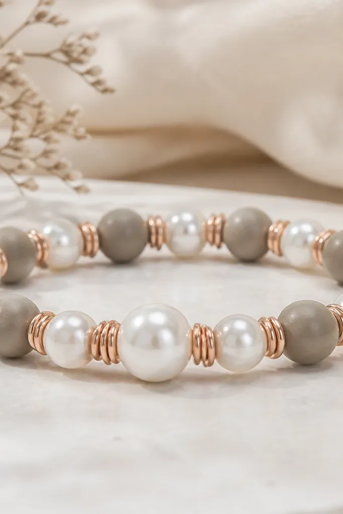 A bracelet with warm gray clay beads and pearl white beads, separated by rose gold spiral wire spacers. The focal area shows a slightly larger pearl white bead near the center.