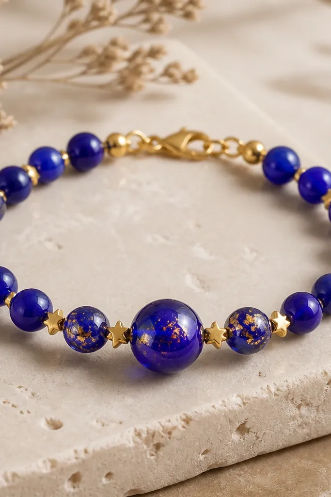 A cobalt blue bracelet with a few beads containing gold foil flecks, separated by tiny gold star-shaped spacers. The clasp is gold and the focal bead is a larger cobalt bead with foil flecks.