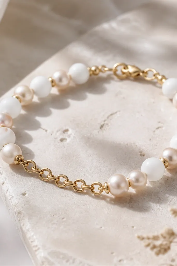 A bracelet that mixes frosted white clay beads and champagne pearl-like beads. A short section includes a small gold chain link segment between bead groups, and the clasp is gold.